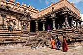 The great Chola temples of Tamil Nadu - The Airavatesvara temple of Darasuram. the porch extension of the mandapa, with balustrades decorated with elephants and prancing horses pulling wheels. 